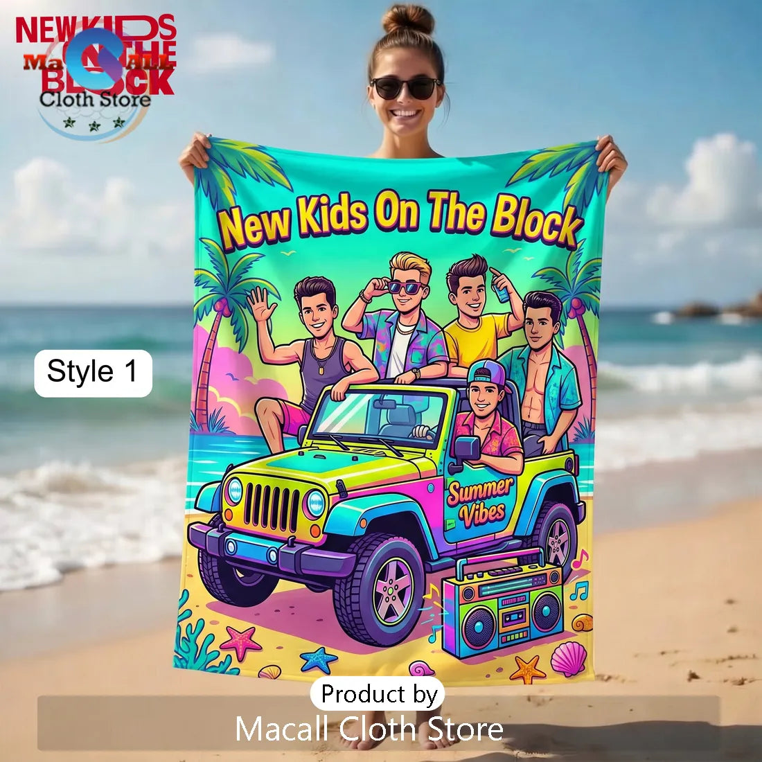 New Kids On The Block Summer Vibes Cartoon Premium Beach Towel