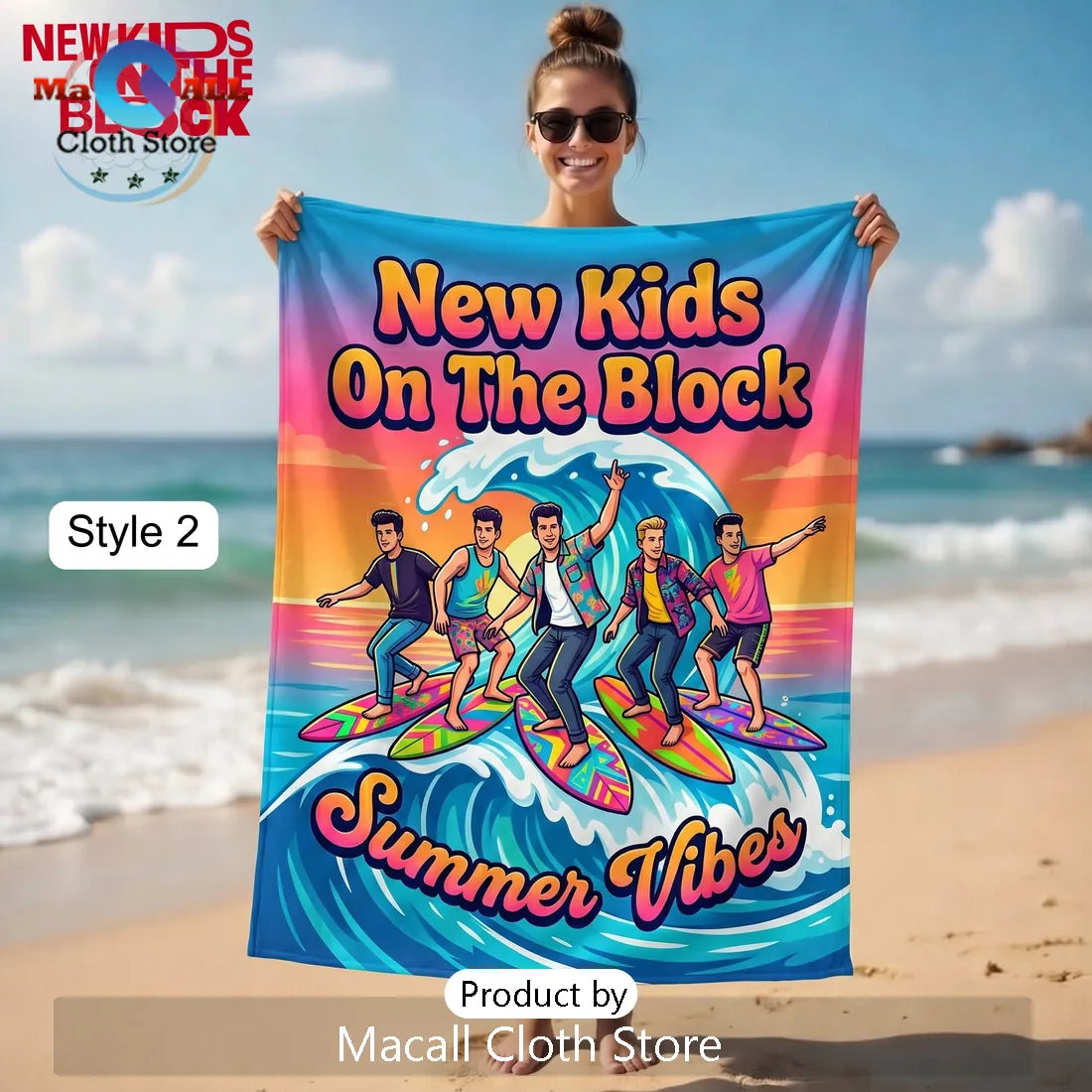 New Kids On The Block Summer Vibes Cartoon Premium Beach Towel