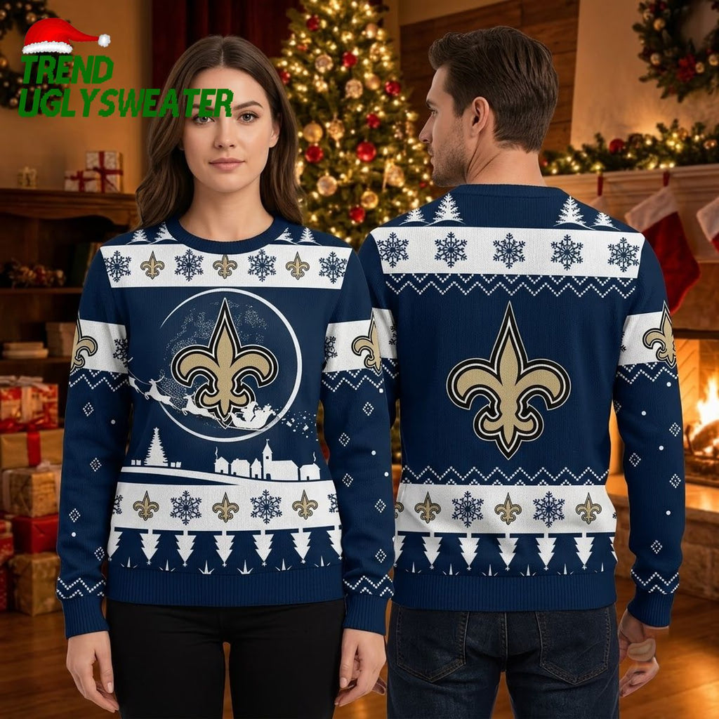 New Orleans Saints Fleur De Lis Santa Sleigh Gift For Fans Ugly Christmas Sweater