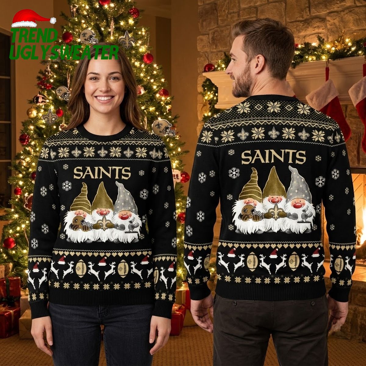 New Orleans Saints Gnome Trio Football Pattern Ugly Christmas Sweater