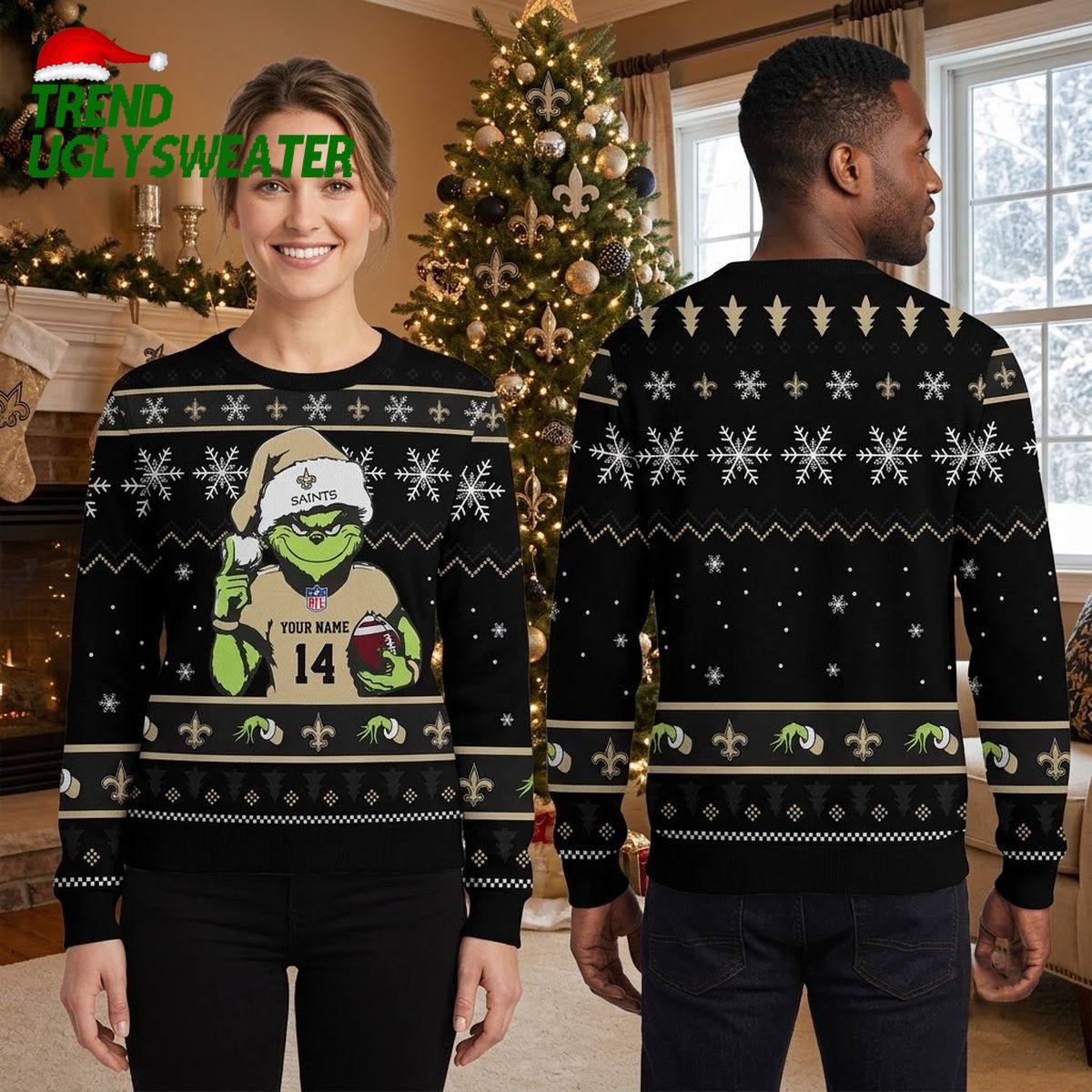 New Orleans Saints Grinch Football Custom Name Game Day Gift Ugly Christmas Sweater