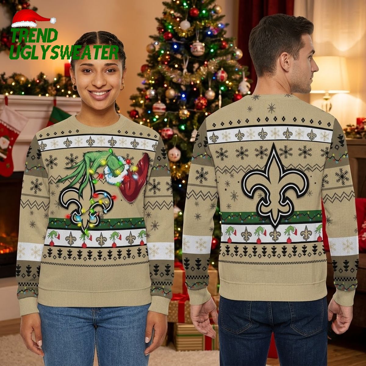 New Orleans Saints Grinch Hand Holding Football Ugly Christmas Sweater