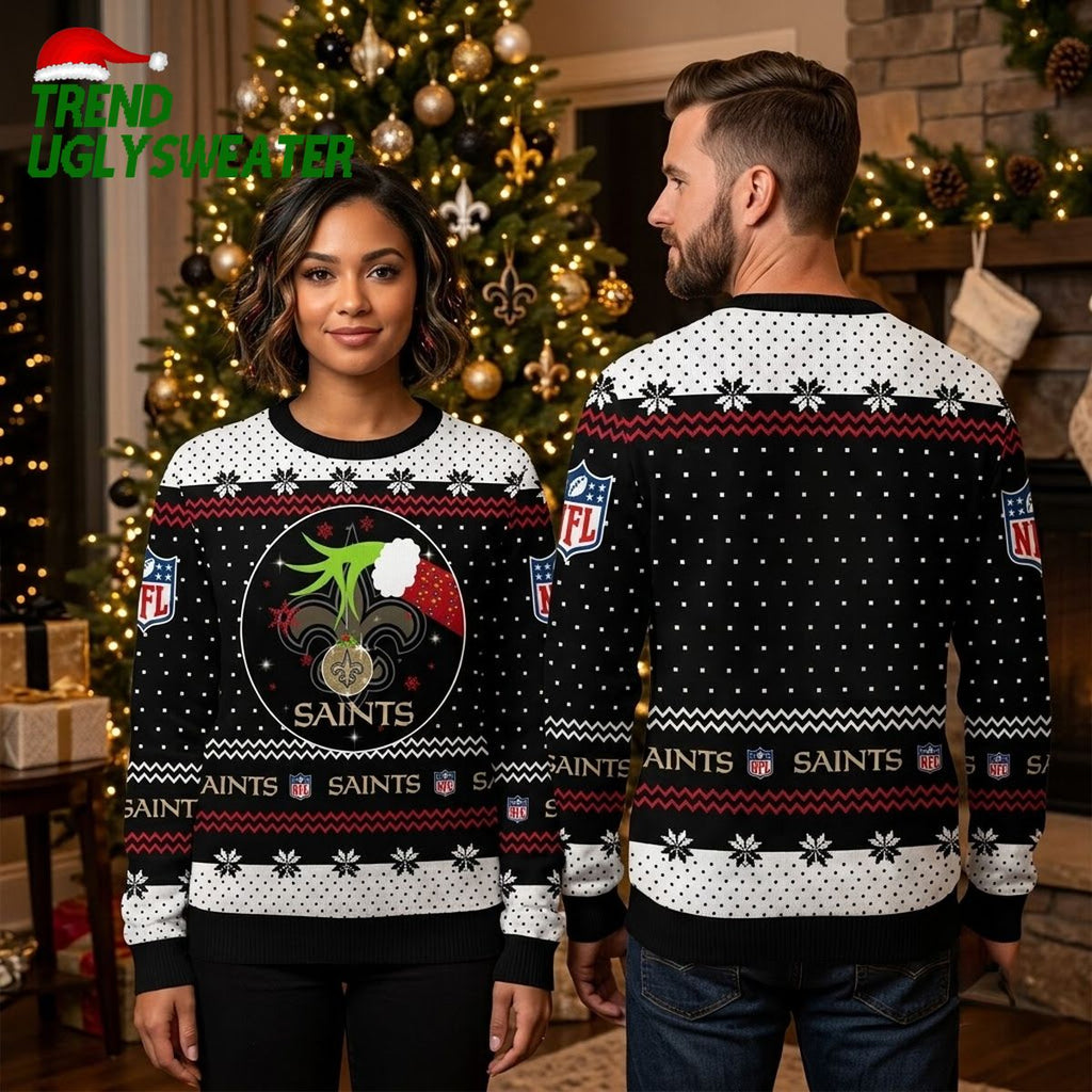 New Orleans Saints Grinch Hands Fleur De Lis Ugly Christmas Sweater