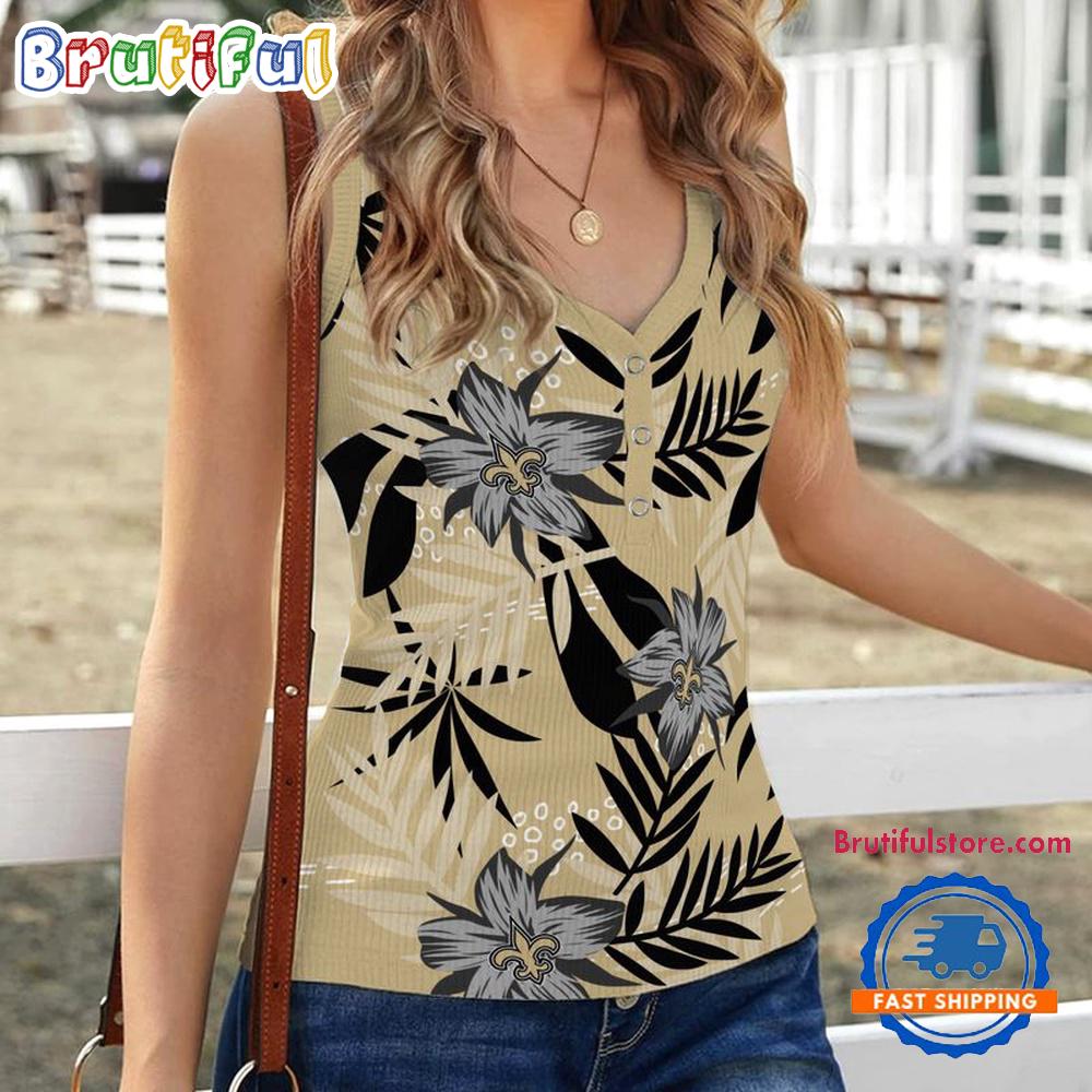New Orleans Saints Hibiscus Pattern Women’s V-Neck Ribbed Tank Top