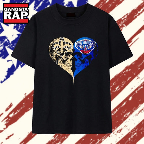 New Orleans Saints x New Orleans Pelicans skulls face to face heart shape T Shirt , Vintage Trending Shirt