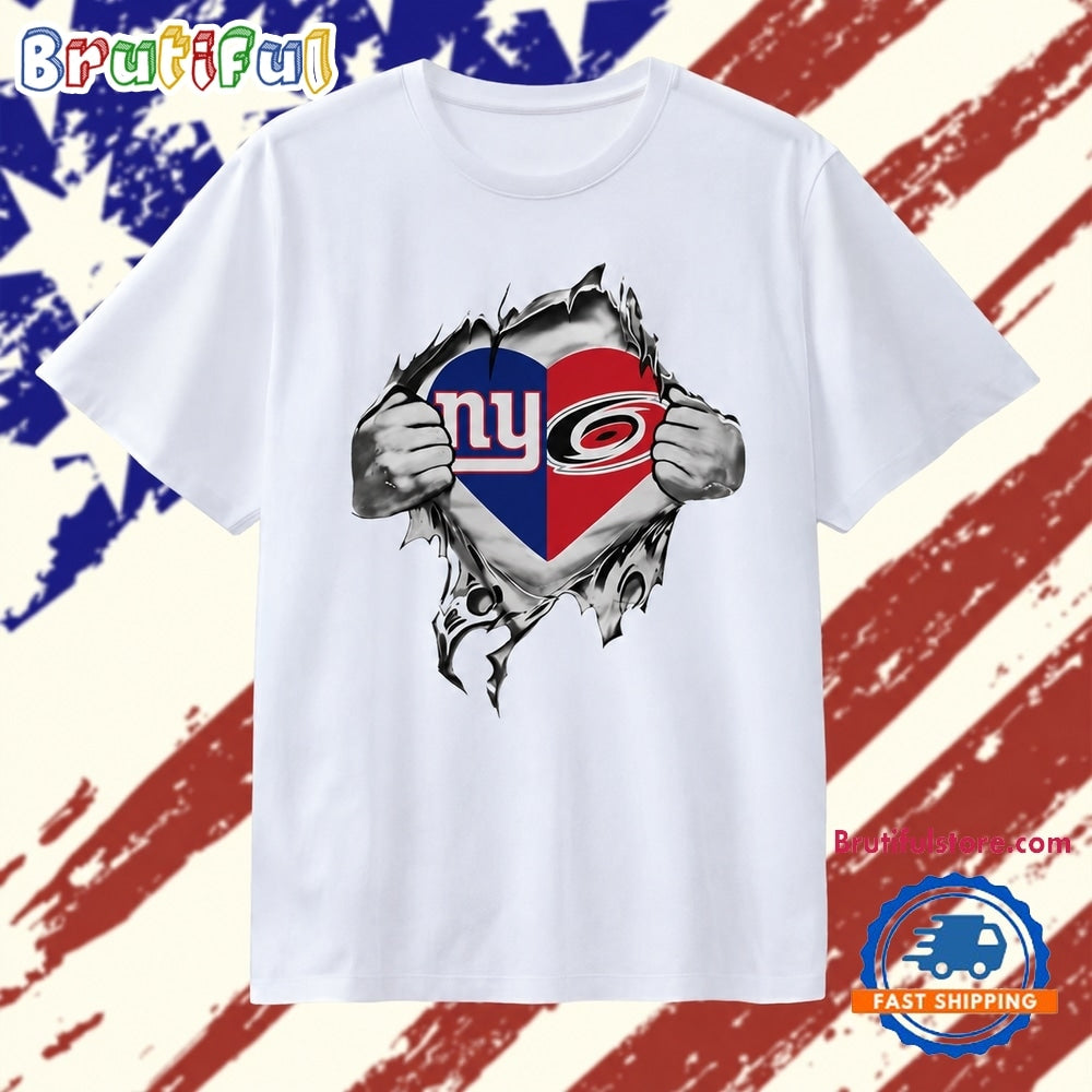 New York Giants and Carolina Hurricanes Heart Logo T Shirt