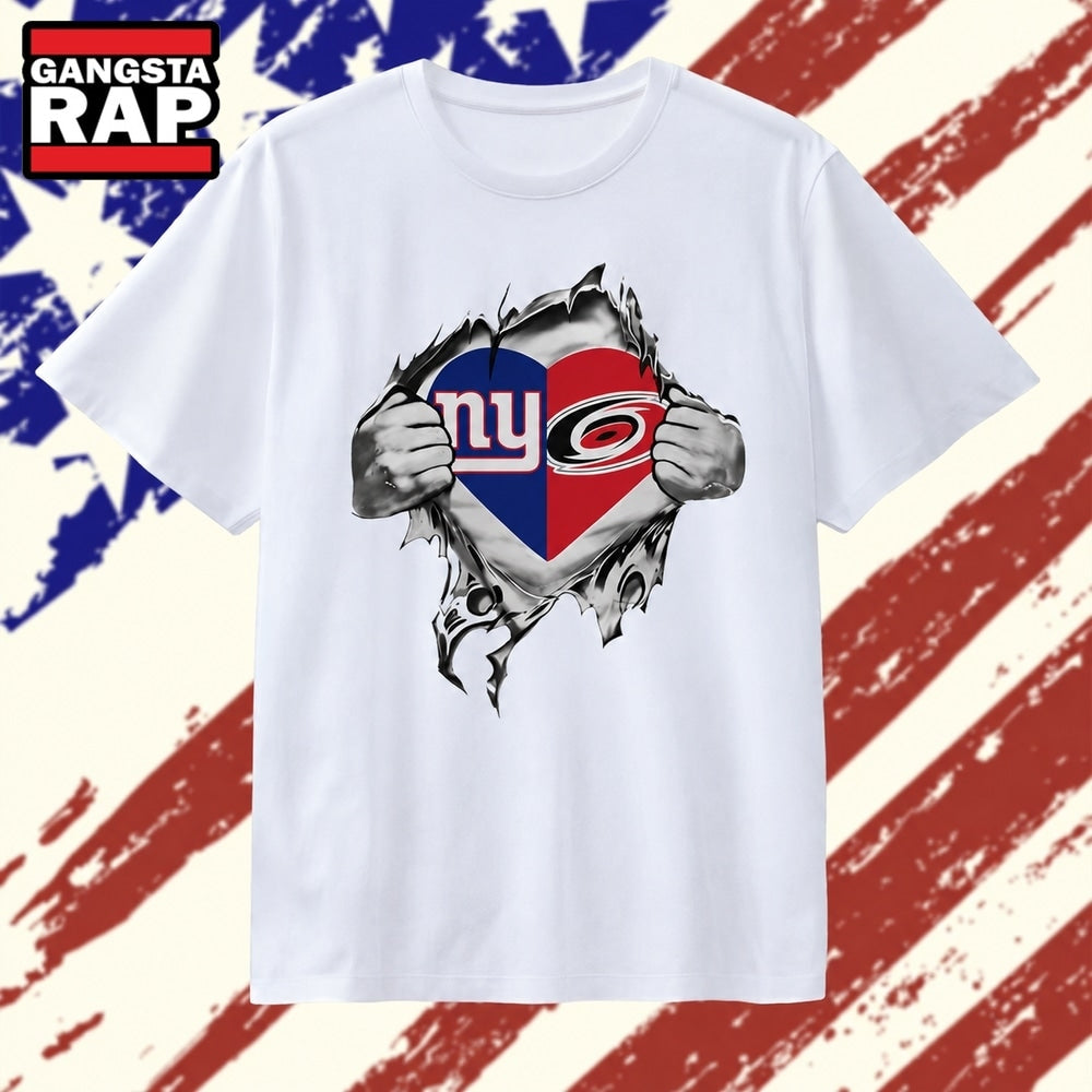 New York Giants and Carolina Hurricanes Heart Logo T Shirt