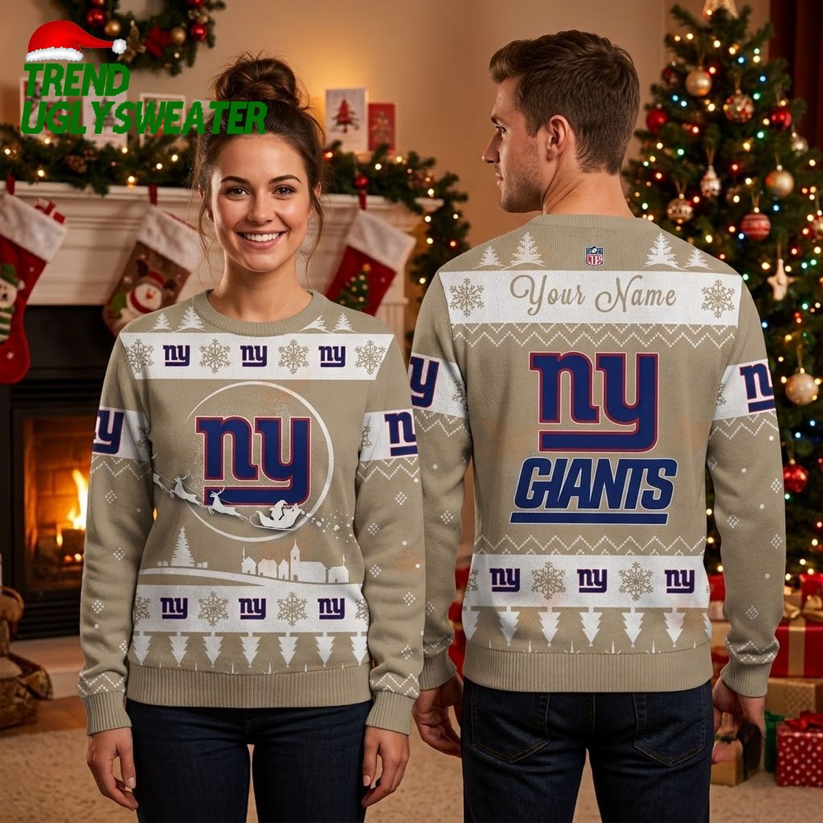 New York Giants Custom Name Reindeer Snowflake Ugly Christmas Sweater