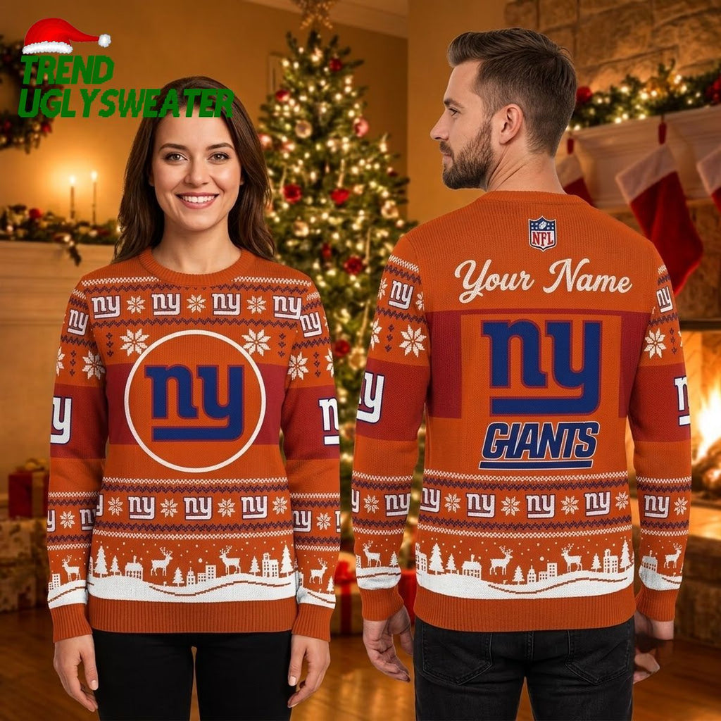New York Giants Custom Name Repeating Logo Ugly Christmas Sweater