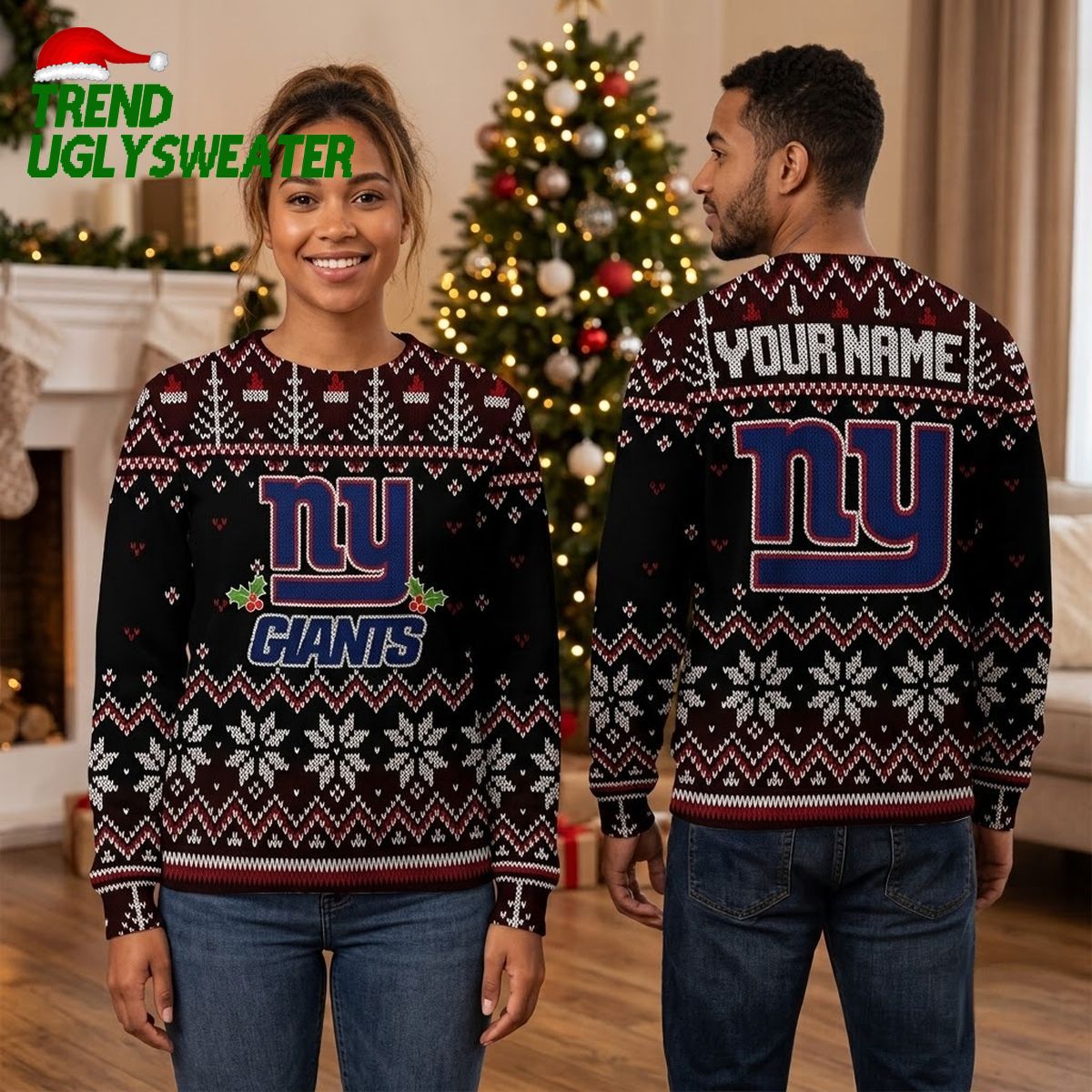 New York Giants Custom Name Snowflake Pattern Ugly Christmas Sweater