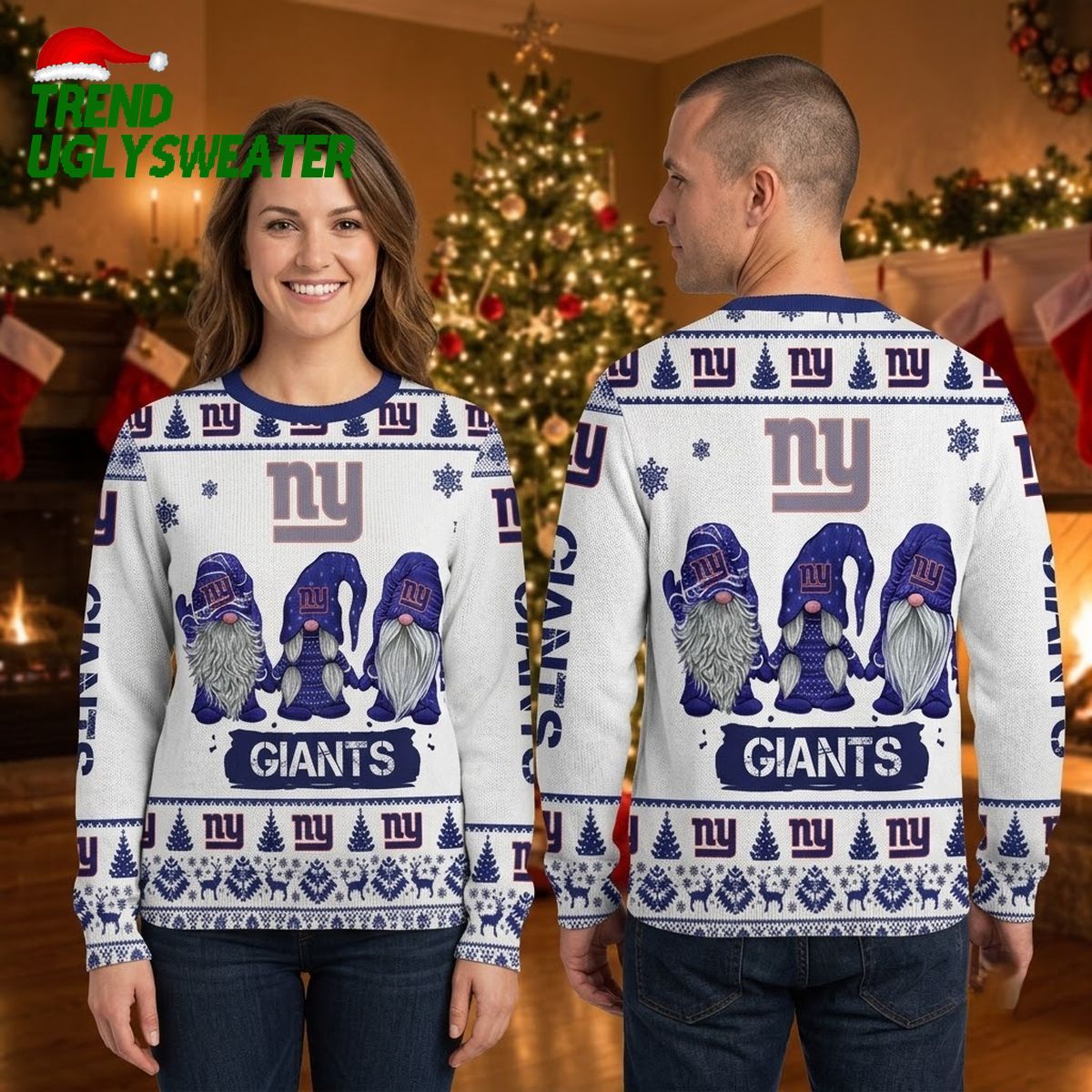 New York Giants Gnome Trio Ugly Christmas Sweater