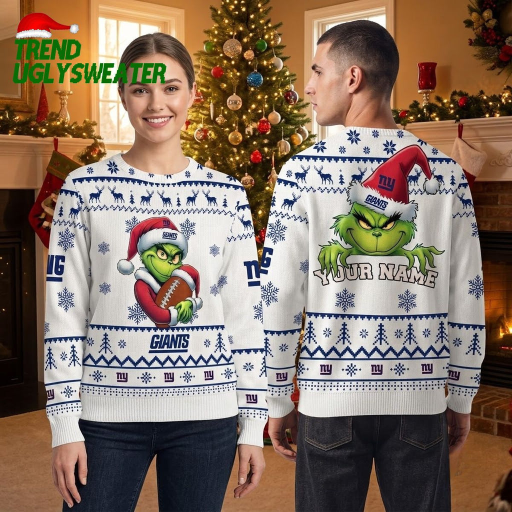New York Giants Grinch Santa Hat Custom Name Ugly Christmas Sweater