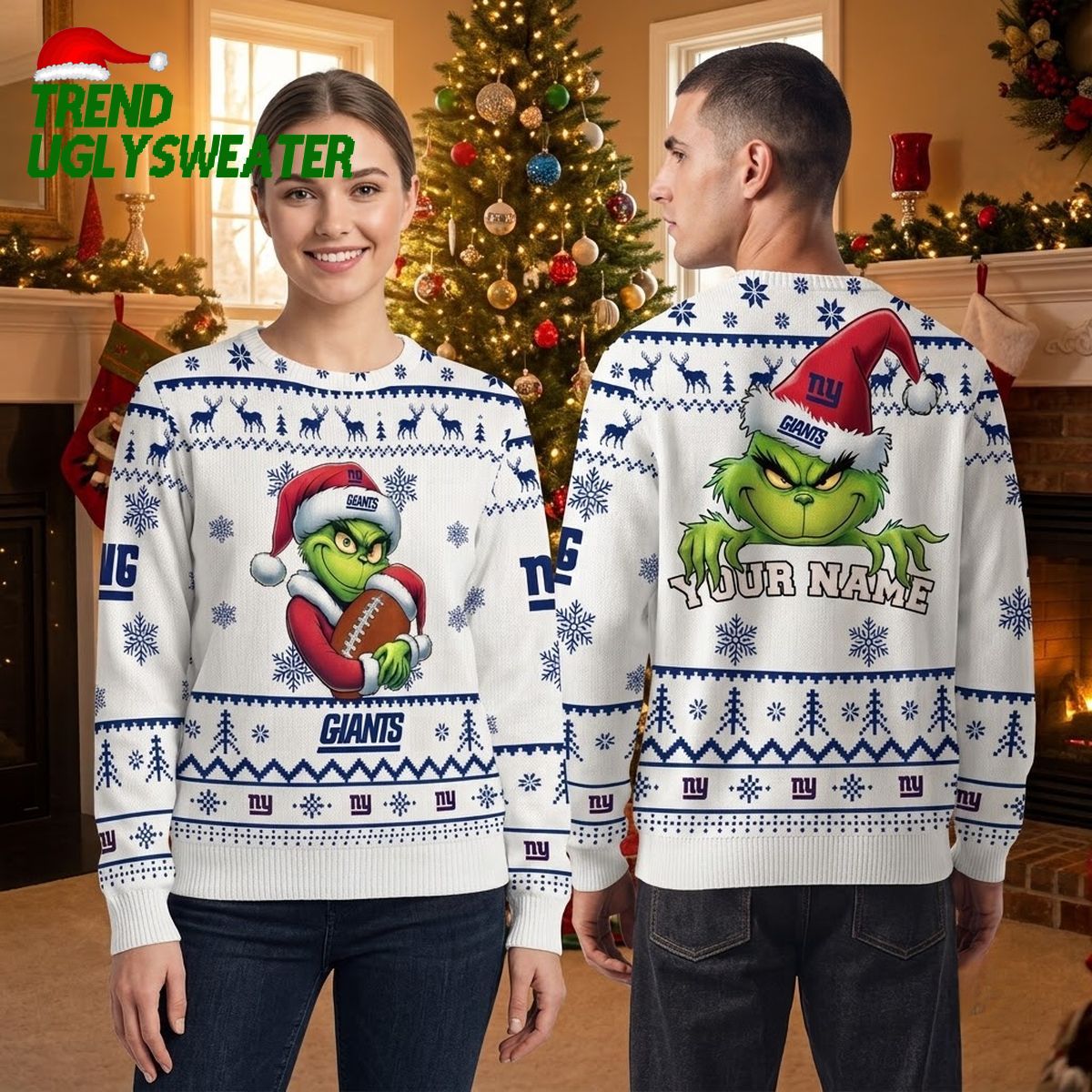 New York Giants Grinch Santa Hat Custom Name Ugly Christmas Sweater