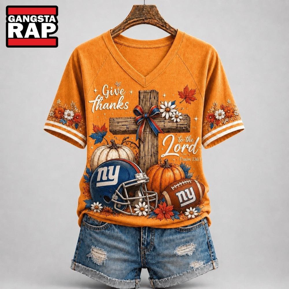 New York Giants NFL Thanksgiving Faith And Football V Neck T Shirt
