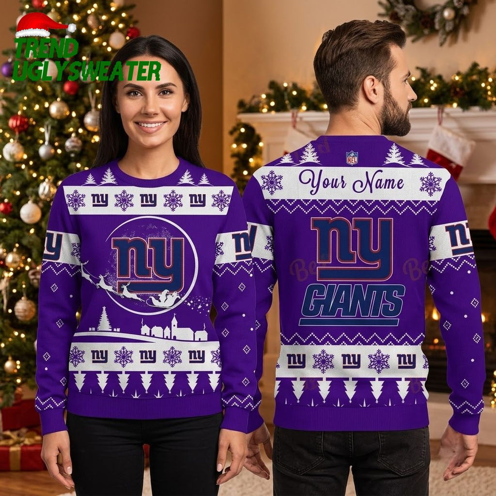 New York Giants Santa Sleigh Custom Name Ugly Christmas Sweater