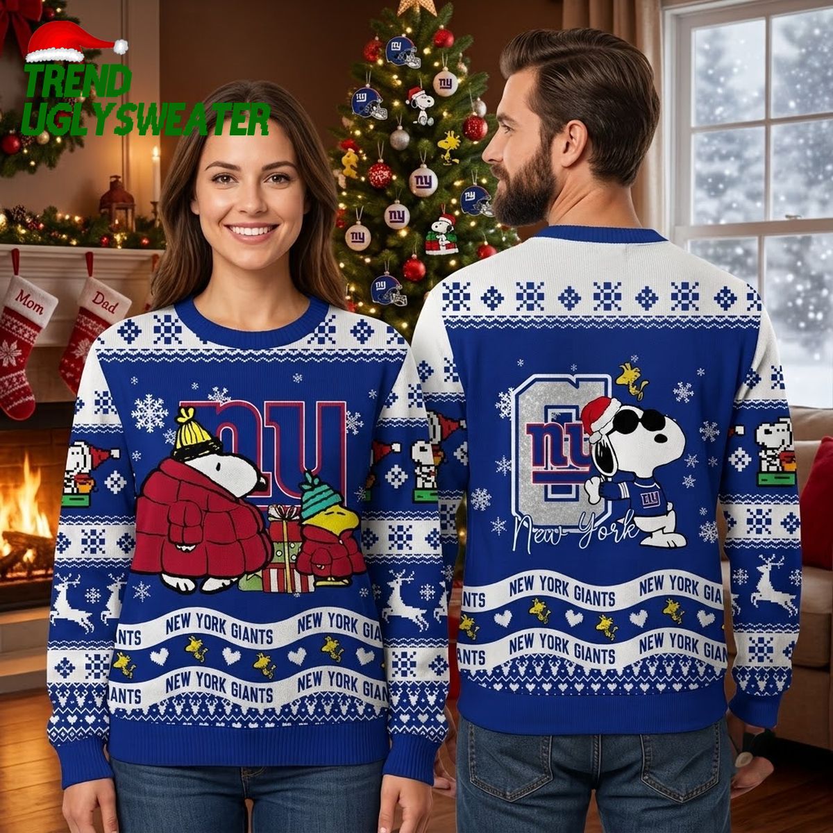 New York Giants Snoopy And Woodstock Christmas Ugly Christmas Sweater
