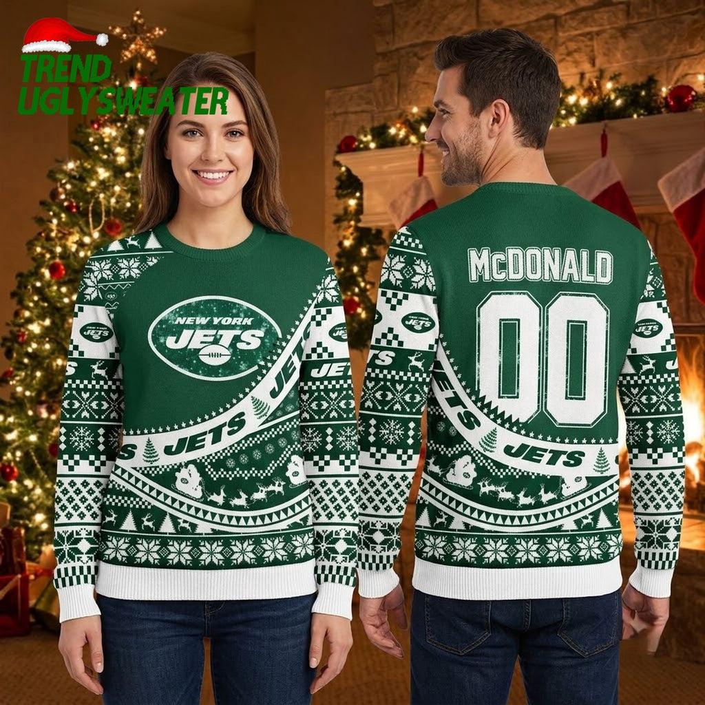 New York Jets Custom Name And Number Snowflake Pattern Ugly Christmas Sweater