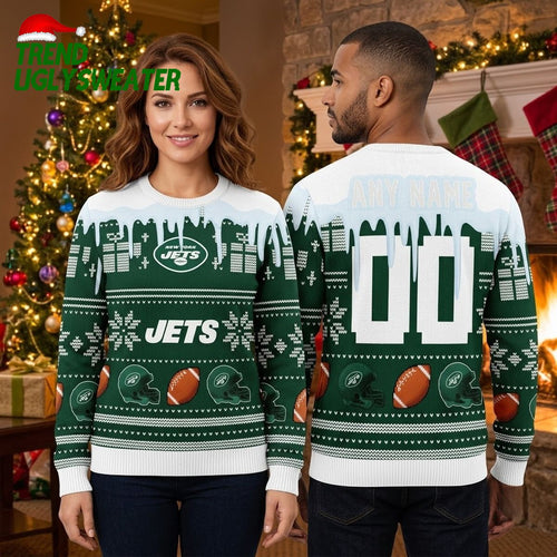 New York Jets Football Helmet And Football Pattern Ugly Christmas Sweater