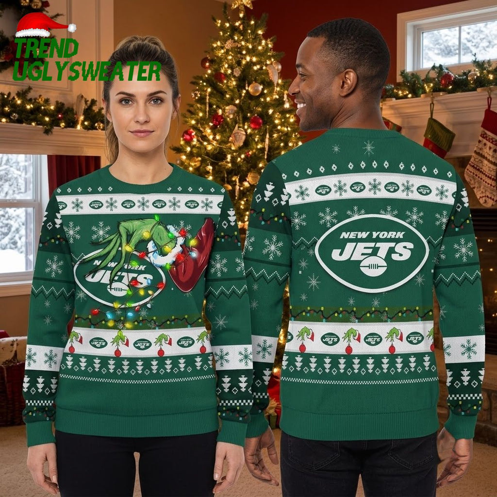 New York Jets Grinch Hand Football Ugly Christmas Sweater