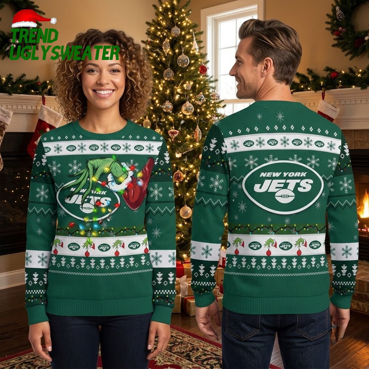 New York Jets Grinch Tangled Christmas Lights Ugly Christmas Sweater