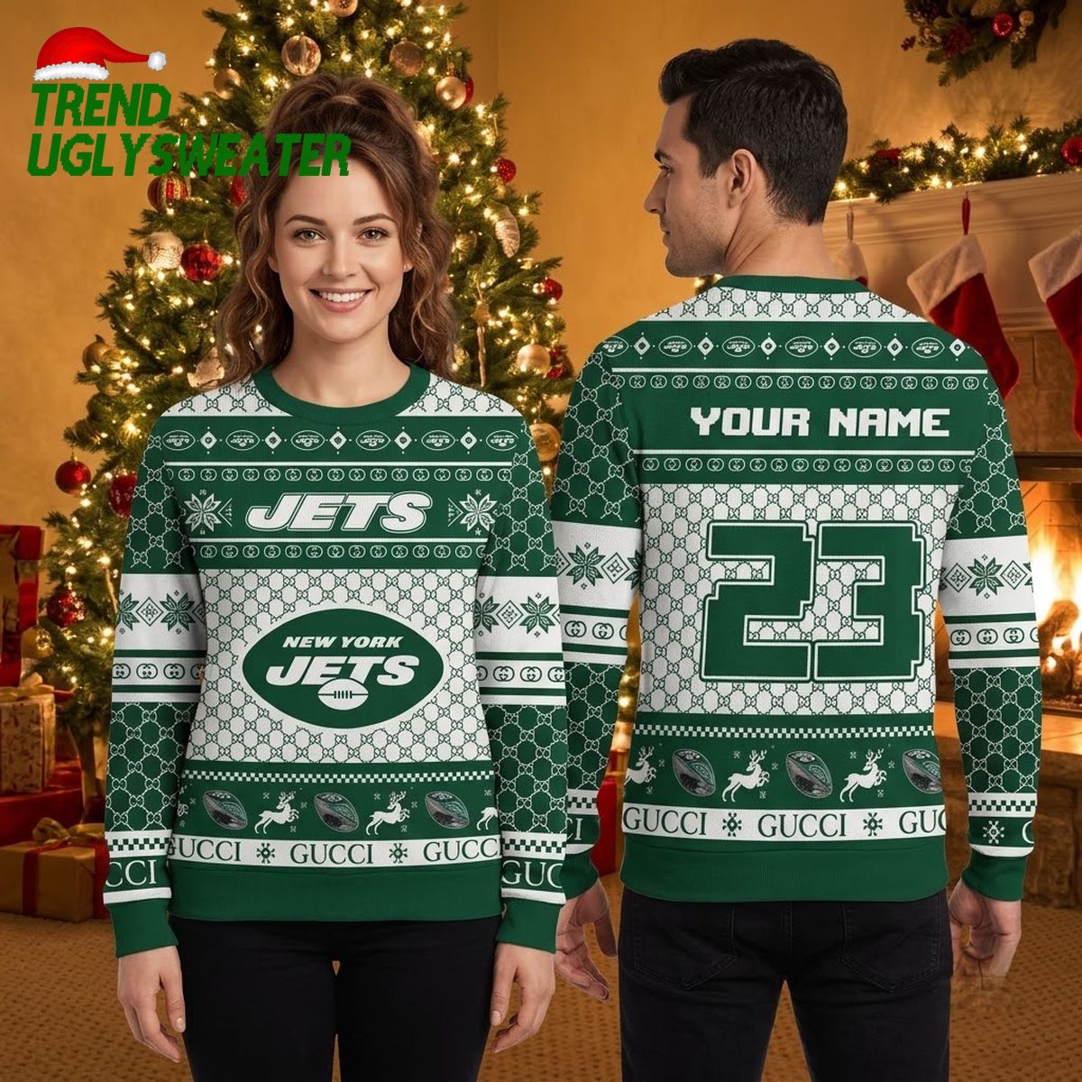 New York Jets Gucci Inspired Custom Name And Number Ugly Christmas Sweater