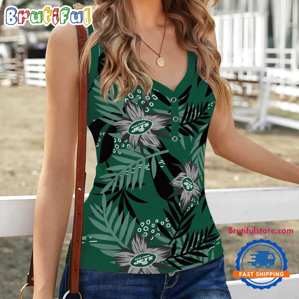 New York Jets Hibiscus Pattern Women’s V-Neck Ribbed Tank Top