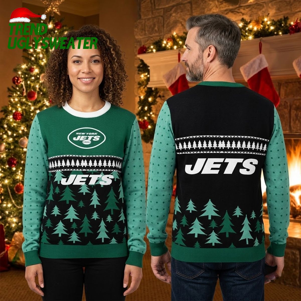 New York Jets Logo And Christmas Tree Pattern Ugly Christmas Sweater