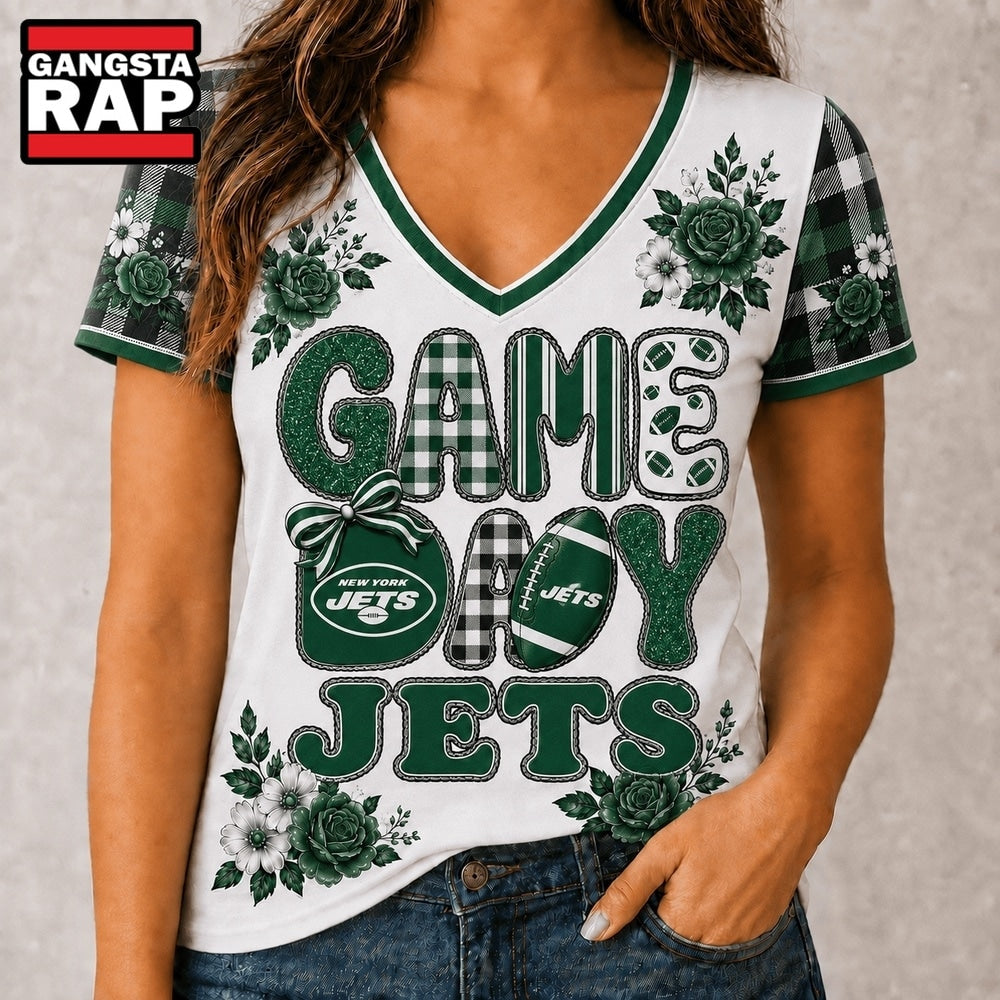 New York Jets NFL Football Flowers Team Pride V Neck T Shirt