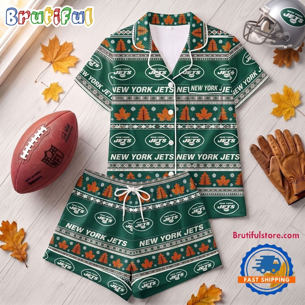New York Jets NFL Harvest Huddle Short Sleeve Pajamas Set