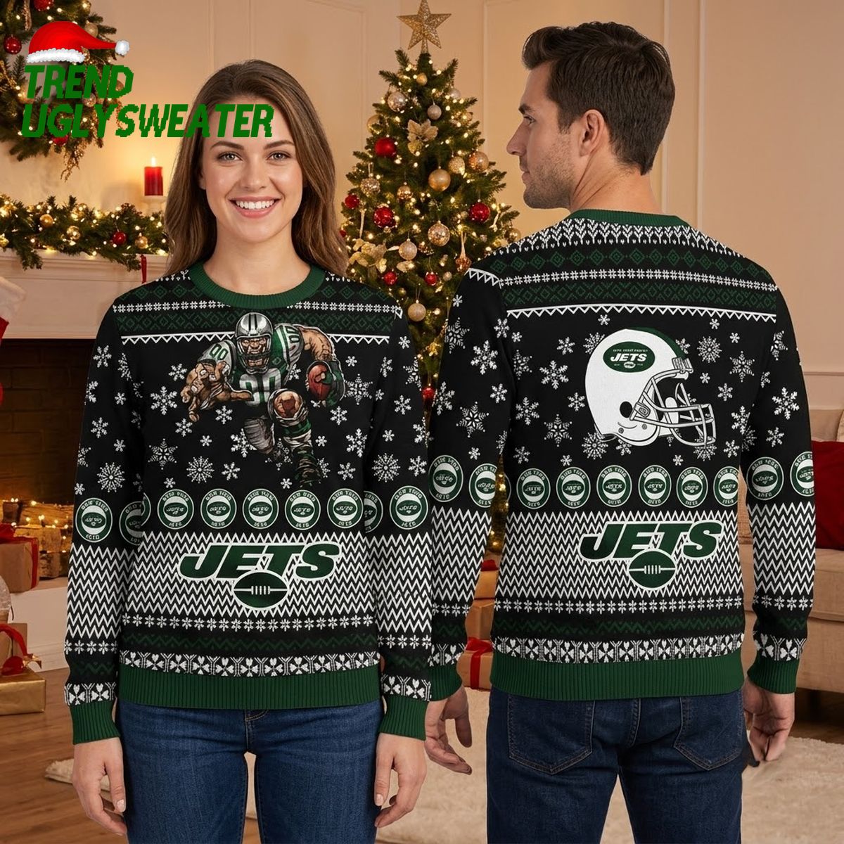 New York Jets Rushing Football Player Snowflake Ugly Christmas Sweater