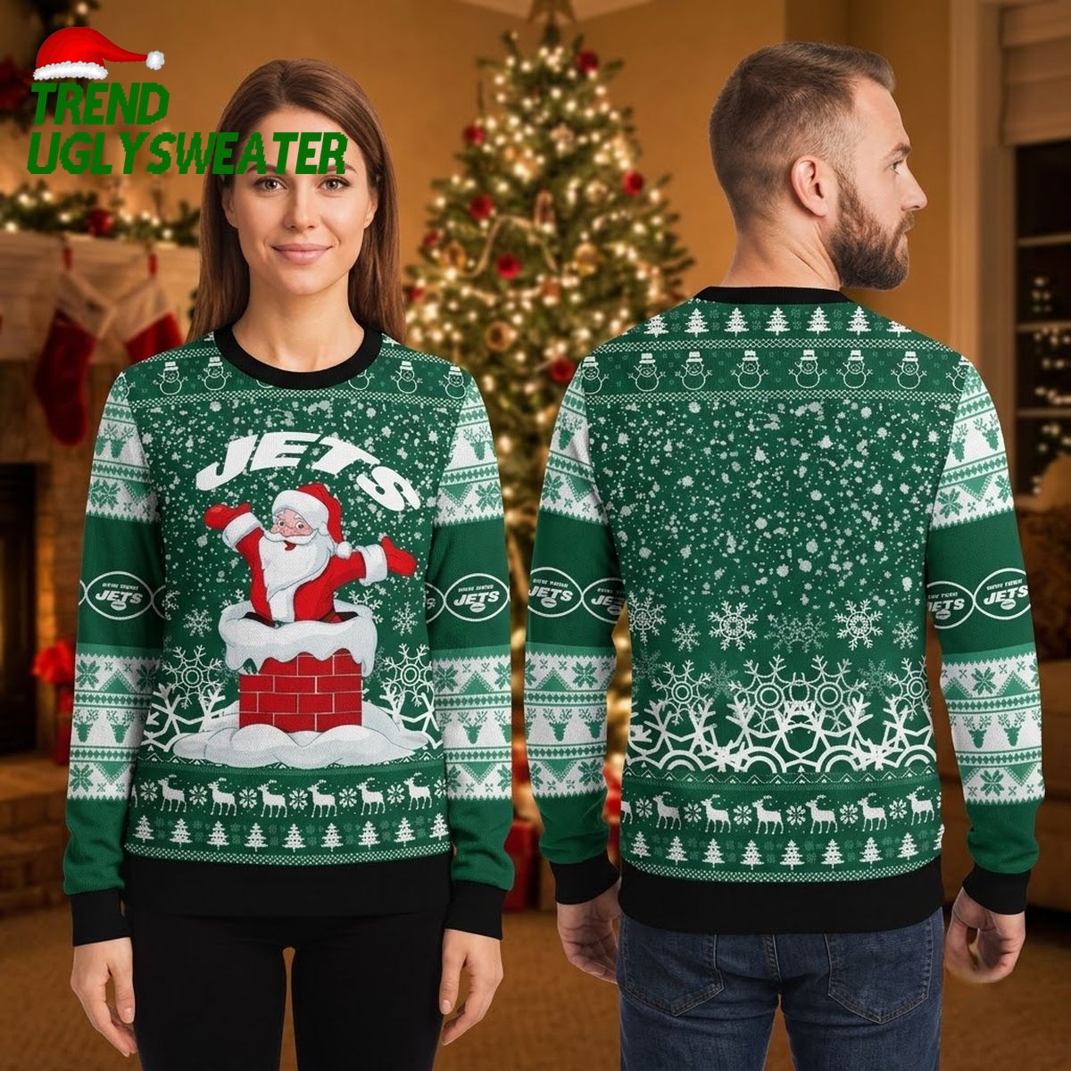 New York Jets Santa Coming Through Chimney Ugly Christmas Sweater