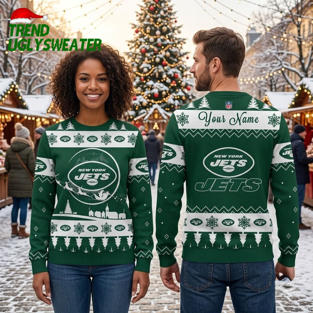 New York Jets Santa Sleigh Custom Name Ugly Christmas Sweater