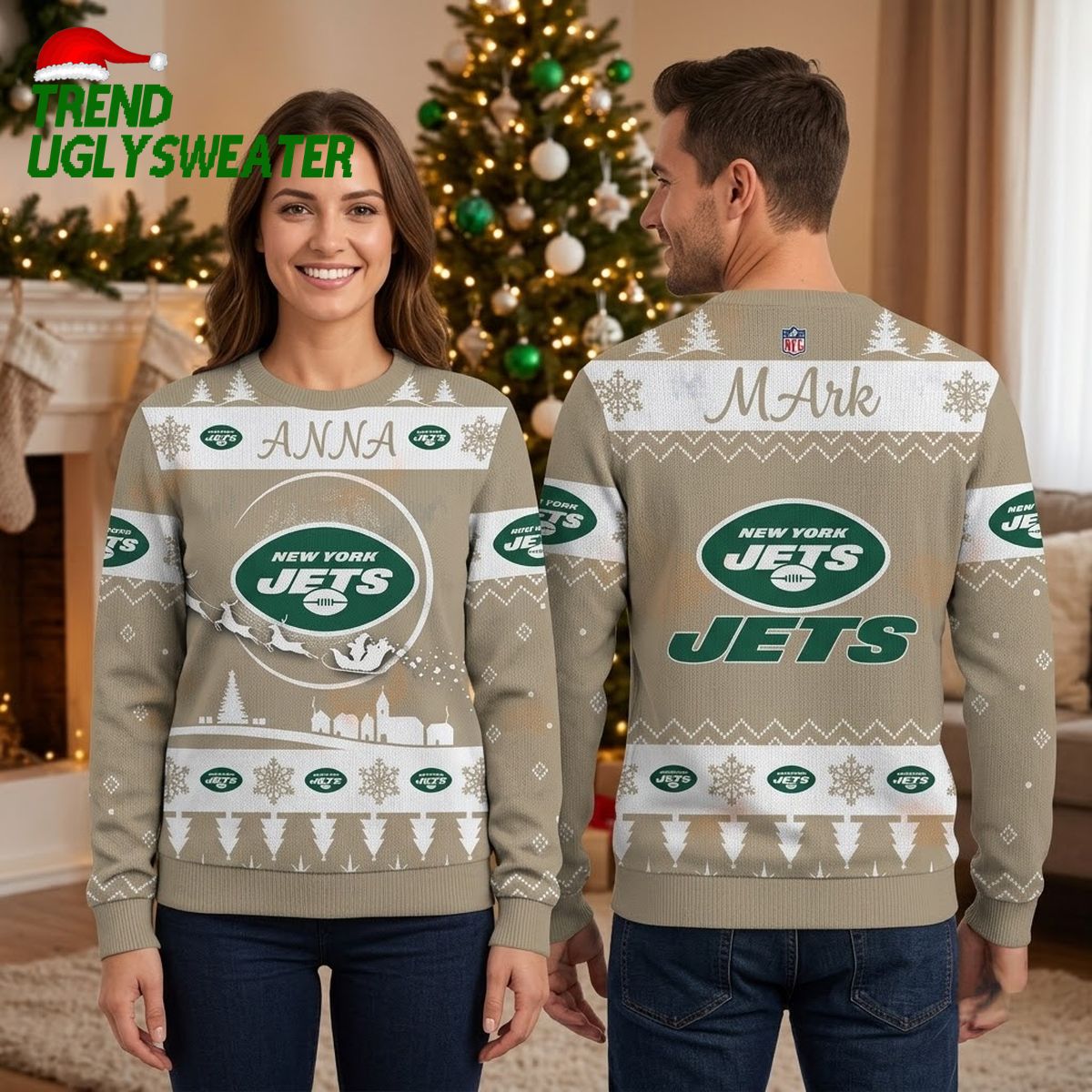 New York Jets Santa Sleigh Name Ugly Christmas Sweater