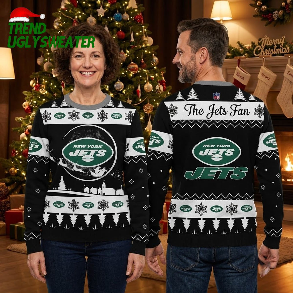 New York Jets Santa Sleigh Snowflake Ugly Christmas Sweater