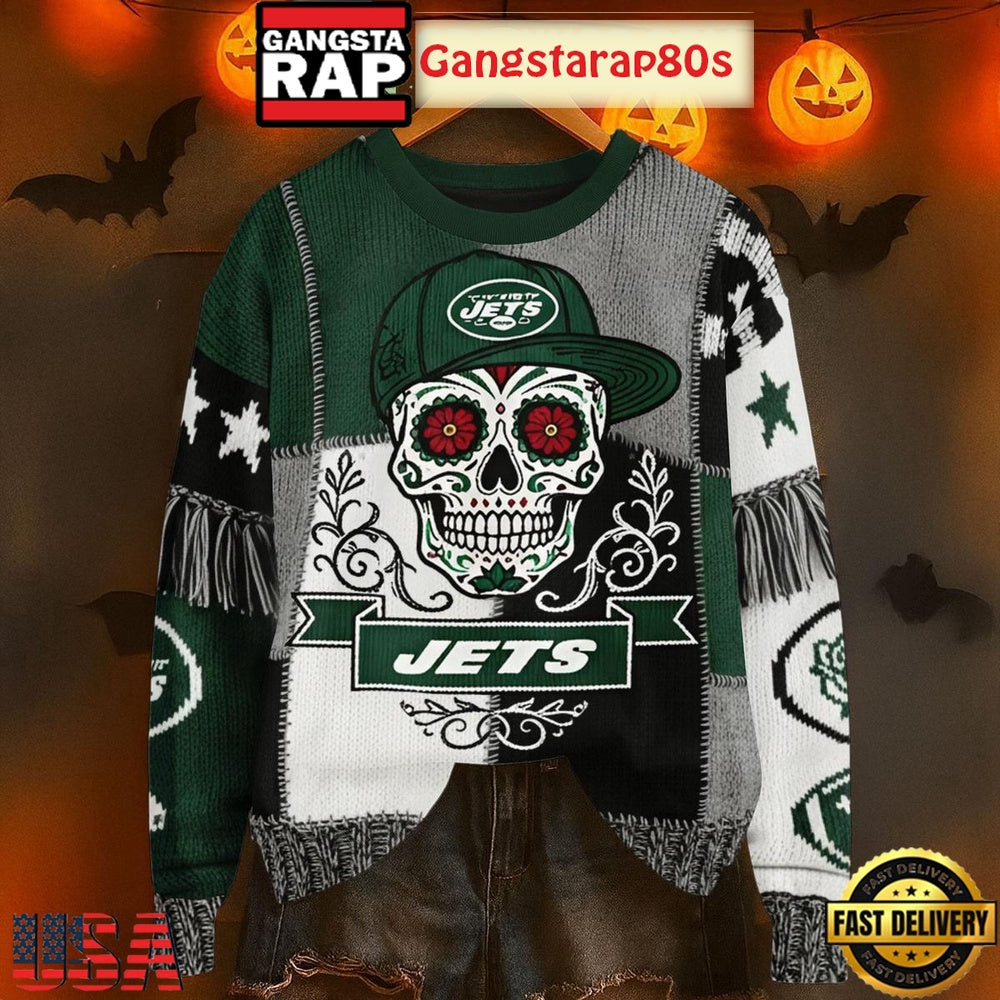 New York Jets Skull Halloween Ugly Xmas Sweater