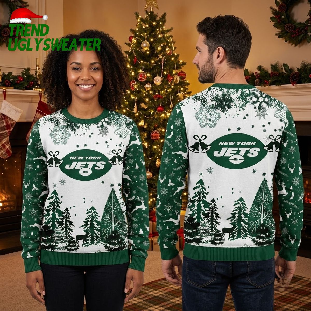 New York Jets Snowflake And Evergreen Forest Ugly Christmas Sweater