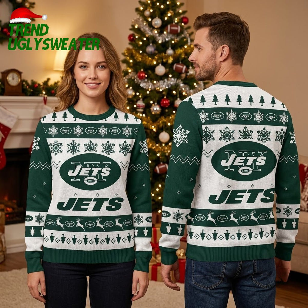 New York Jets Snowflake Reindeer Pattern Ugly Christmas Sweater