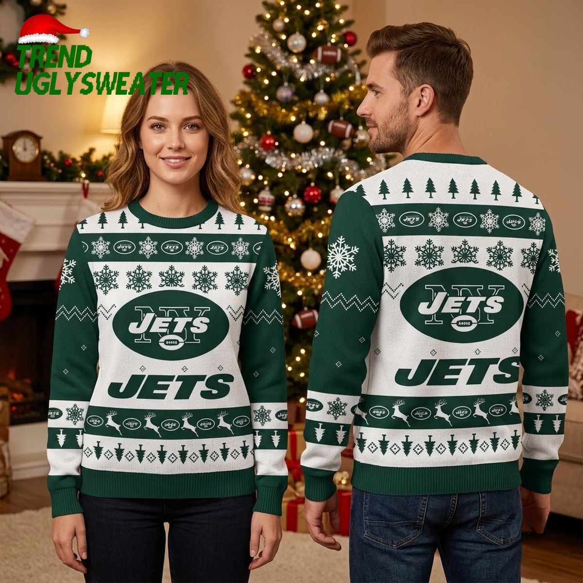 New York Jets Snowflake Reindeer Pattern Ugly Christmas Sweater