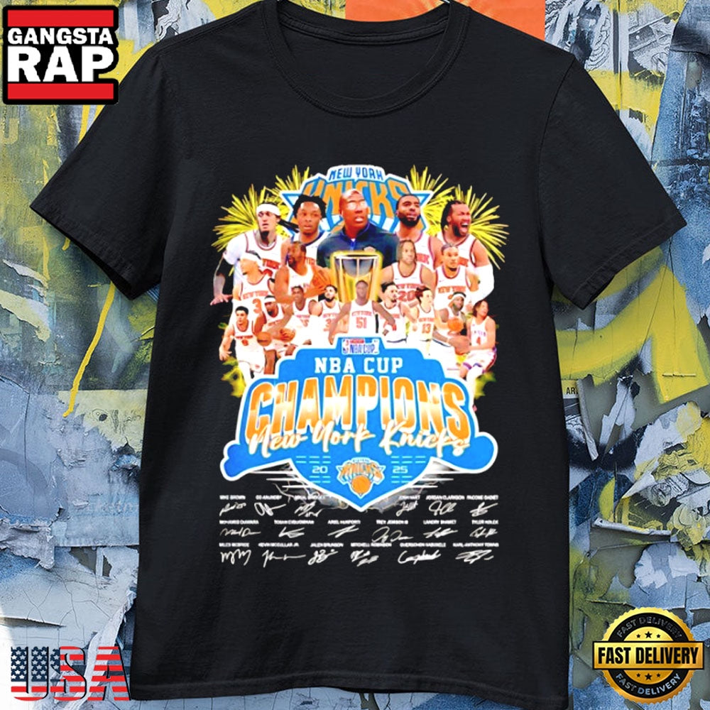 New York Knicks 2025 Nba Cup Champions Celebration Signatures T Shirt