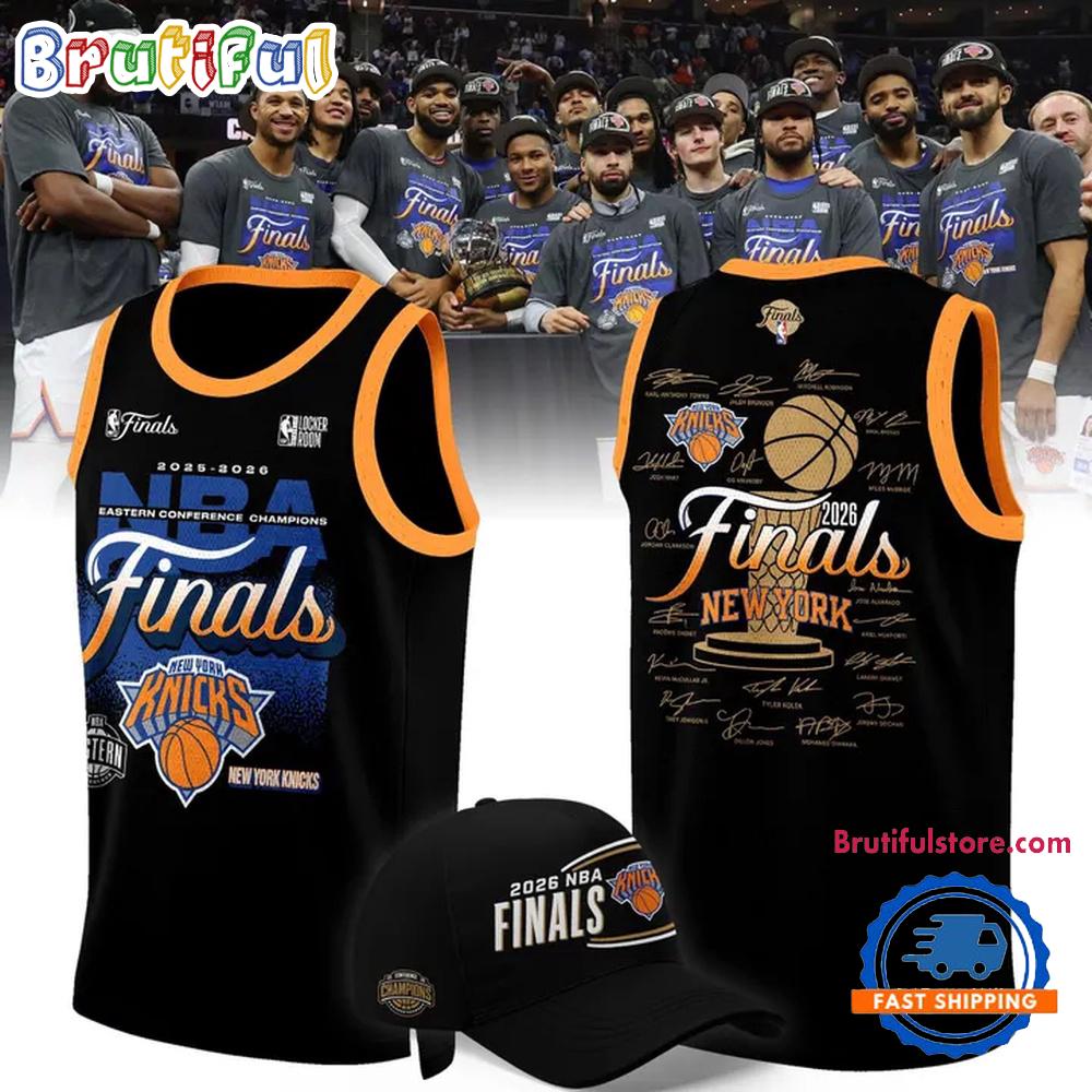 New York Knicks 2026 Eastern Conference Champions Locker Room Signatures Black Basketball Jersey