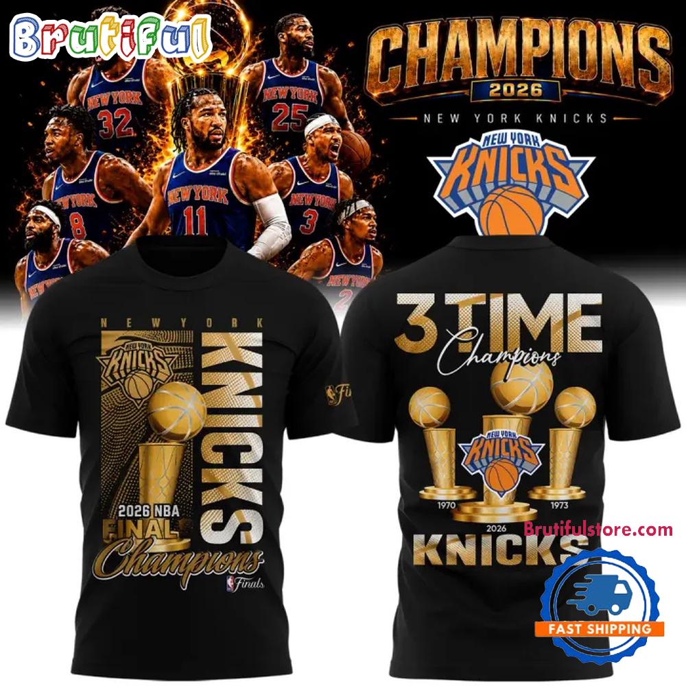 New York Knicks NBA Finals 3 Time Champions 2026 Black T Shirt