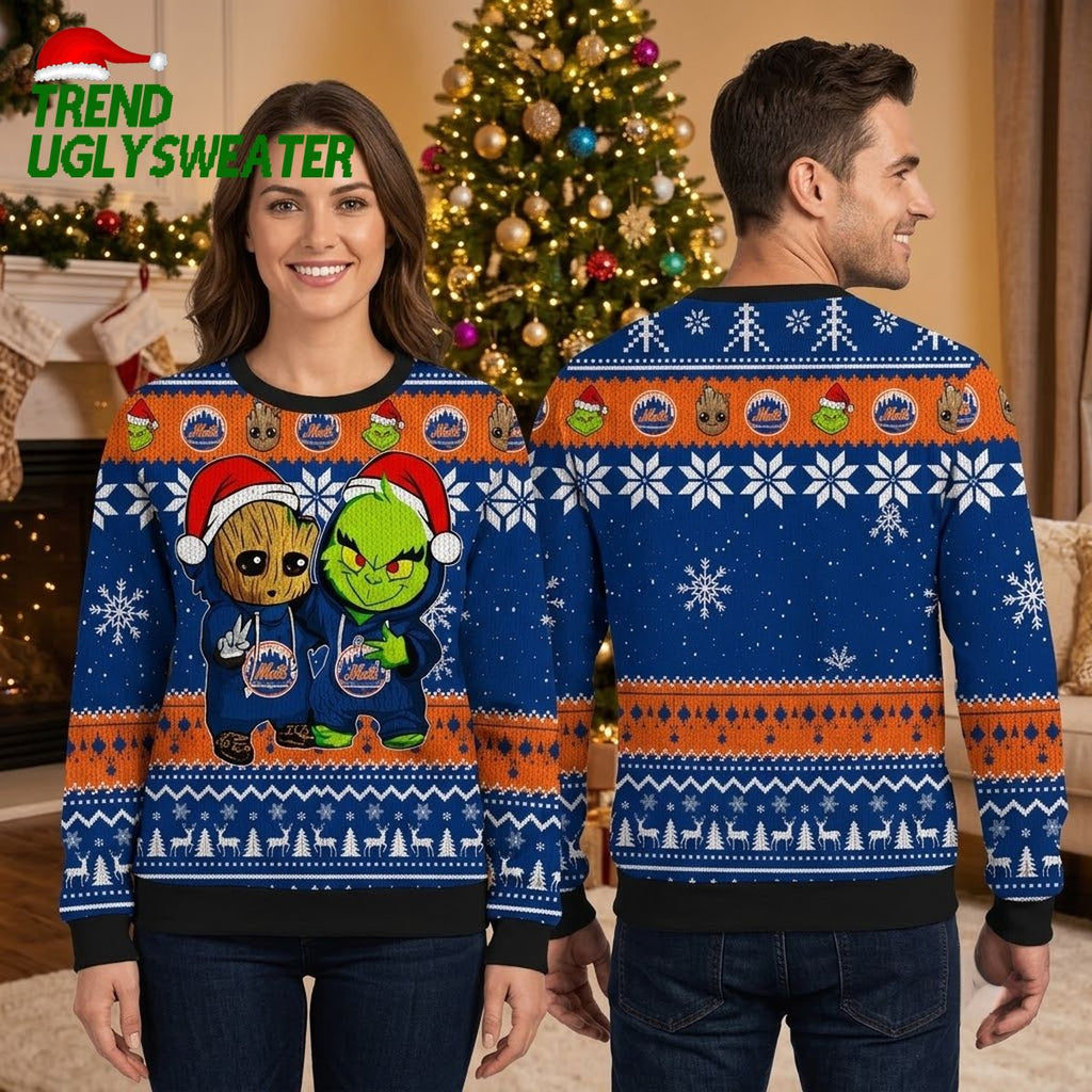 New York Mets Groot And Grinch Santa Hats Ugly Christmas Sweater