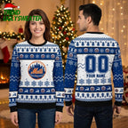 New York Mets Personalized Baseball Logo Custom Name And Number Blue And White Ugly Christmas Sweater