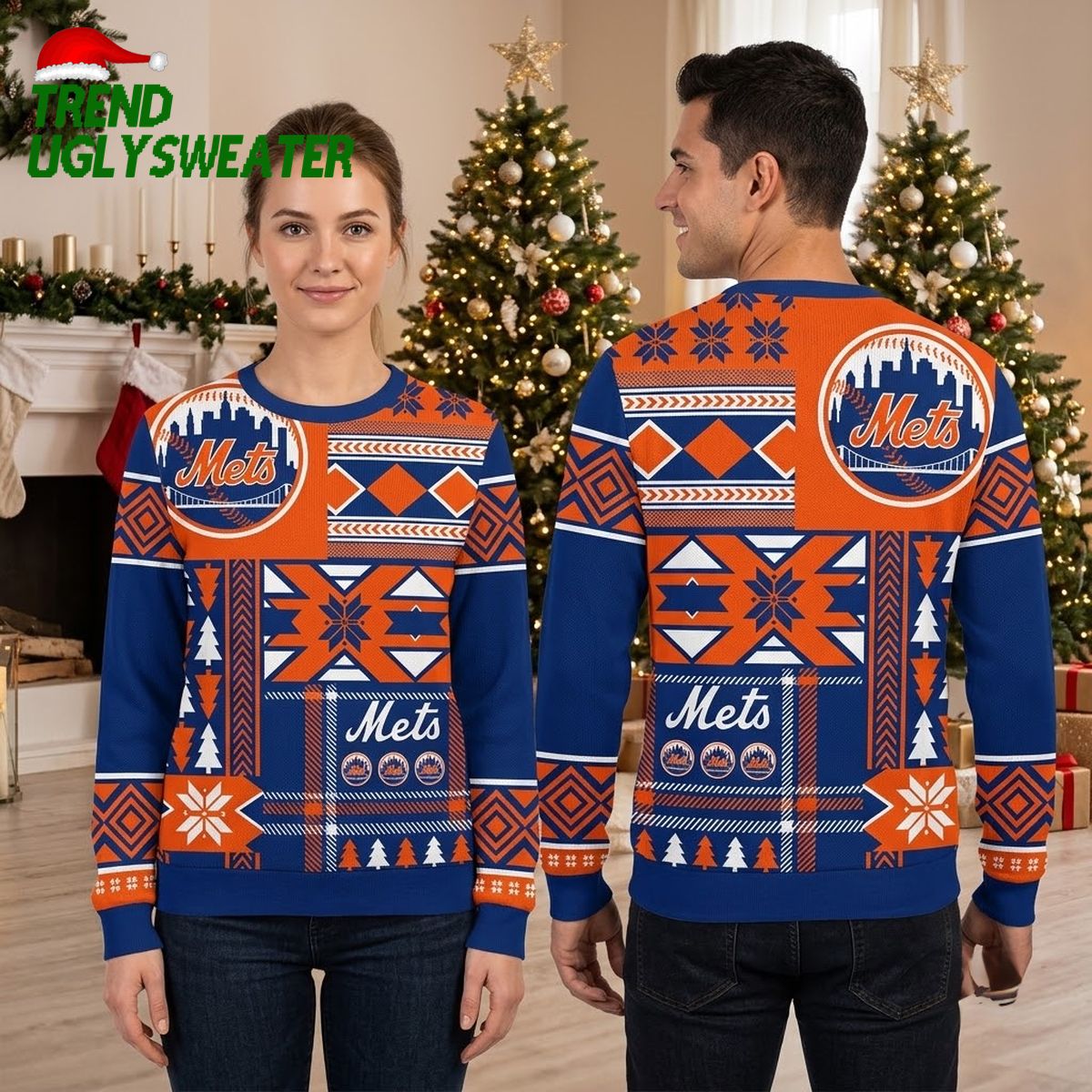 New York Mets Retro Geometric Snowflake Pattern Ugly Christmas Sweater