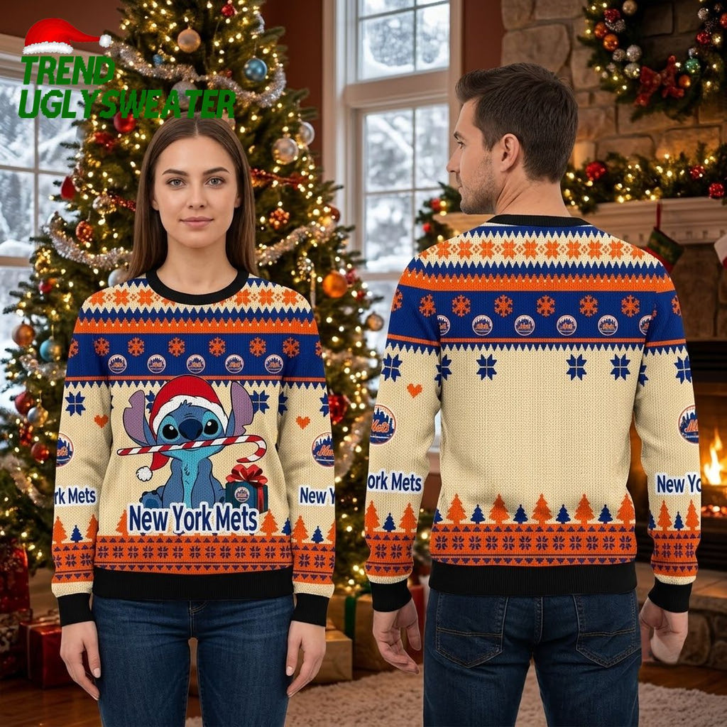 New York Mets Stitch With Candy Cane Ugly Christmas Sweater