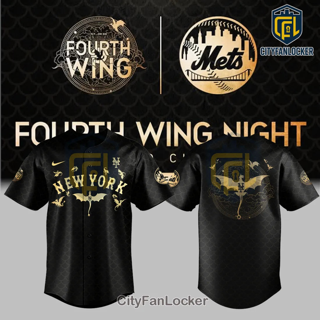 New York Mets x Fourth Wing Black Gold Dragon Baseball Jersey