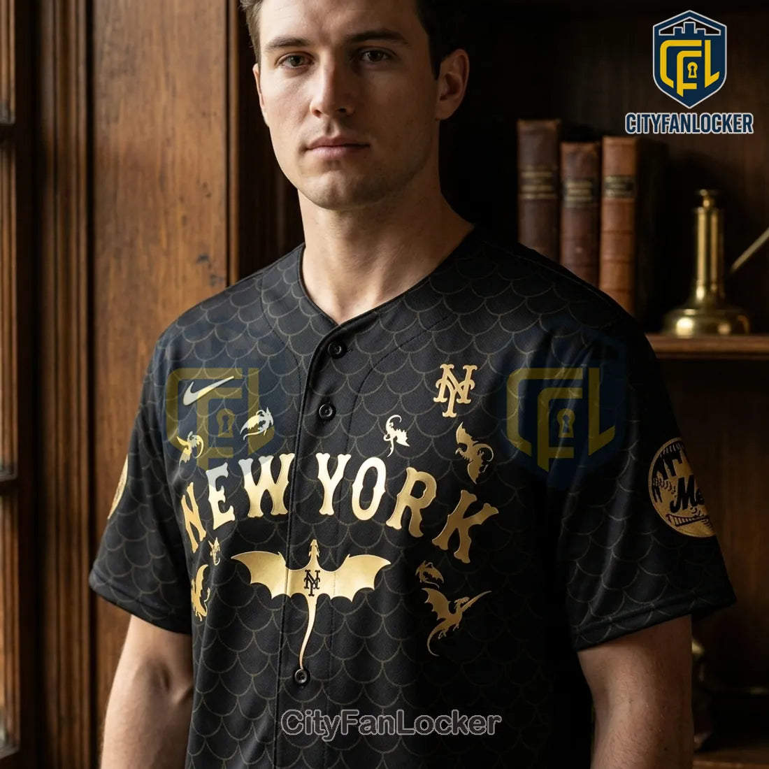 New York Mets x Fourth Wing Black Gold Dragon Baseball Jersey