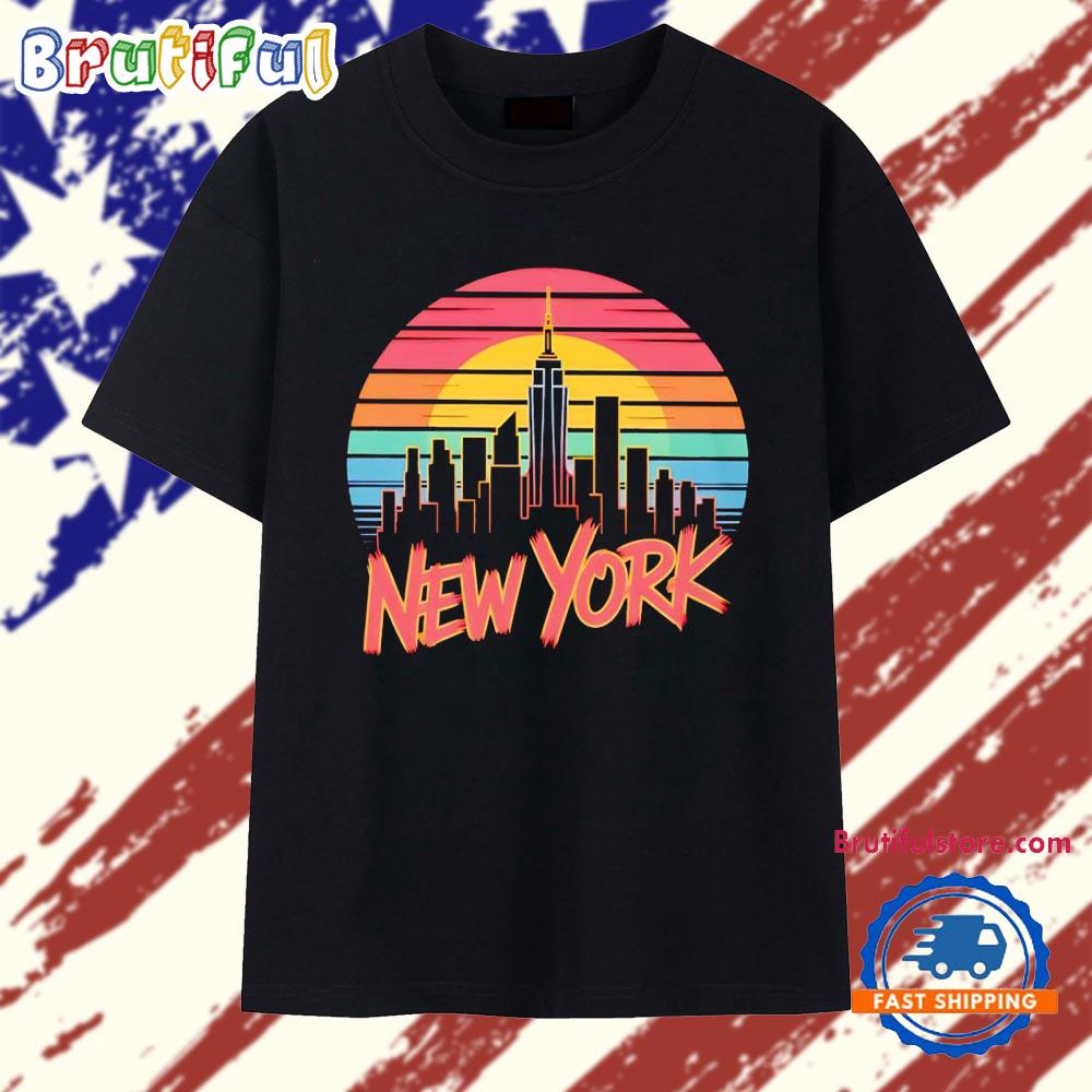 New York skyline city silhouette sunset retro color stripes lettering graphic T Shirt