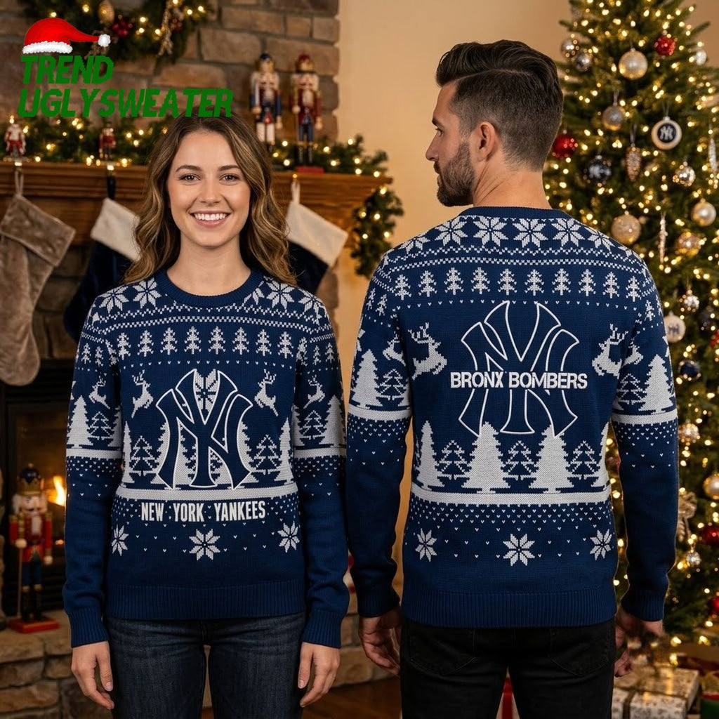 New York Yankees Bronx Bombers Reindeer And Christmas Trees Ugly Christmas Sweater