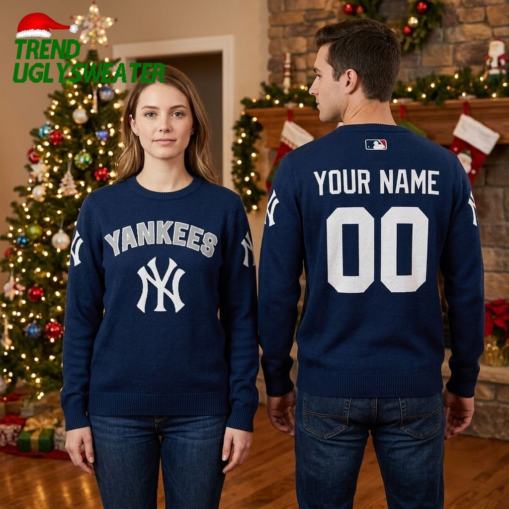 New York Yankees Custom Name And Number Jersey Style Ugly Christmas Sweater